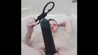 Pumping fat uncut cock in the tub and playing with my dick.