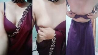 Indian Crossdresser Gaurisissy Feeling Horny in Purple Saree Looking and Fucking Like a Housewife