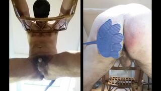 Guy's ass whipped hard by machine with plastic paddle