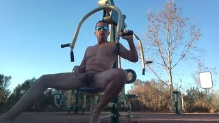 Horny muscle guy works out naked at a park nautilas. Almost caught by dog walker at the end.