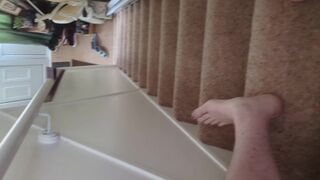Risky masturbation at top of the stairs, people expected home any moment