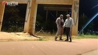 Motorcyclist sees worker peeing, comes back and offers a blowjob