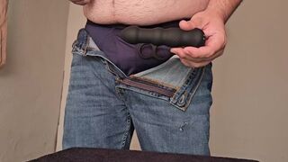 Verbal bear sub straps and takes daddy's cock with a thrusting dildo and a Huge load