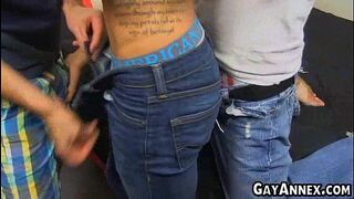Ebony twink fucked by two older guys