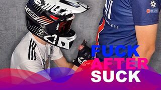 Guy in helmet and Nike TN sneakers fucks another guy