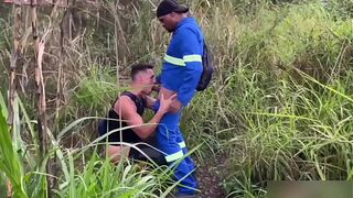 He followed the worker into the woods to watch him pee and ended up falling on his face. Full video on red