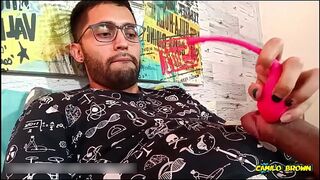 Massaging my big uncut cock with a strong vibrator until I peecum a nice one It felt so damn good!