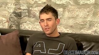 Slim twink Kane jerks off big throbbing dick after interview