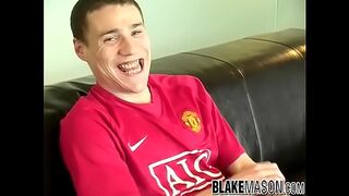 Handsome young Brit masturbates and cums after an interview