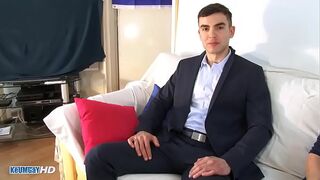 Beatiful male in suit trouser gets wanked huge hard dick by guys: Alex