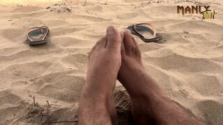 THICK WHITE CUM - PUBLIC NUDIST BEACH - CUM FEET SOCKS SERIES - MANLYFOOT EPISODE 1