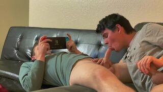 Jock Lets Twink Suck and Ride While He Games + Surprise DIck