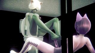 Furry Yaoi grey cat boy and pink cat boy sex in public toilet