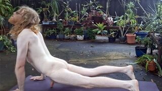 Nudist stretching with his morning wood to start the day