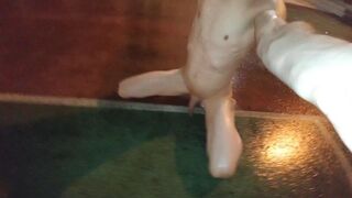 Playing naked with piss in public and cum with no hands