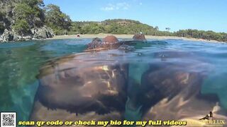 fasihon pantyhose and leotard tease in public sea