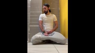 Public toilet self piss with buttplug and hump orgasm