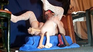 Soloboy in sexy nylons gets railed by multiple anal dildos