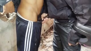 A motorcycle courier went into the woods to pee but ended up being by two well-endowed black men and went crazy. (Preview)