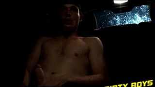 Horny amateur wanks his cock in the car and spills a load