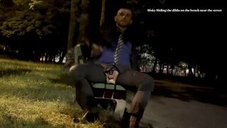 businessman is riding the dildo outdoor in public and he is cumming outside by the road
