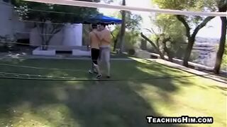 Hunk gets his rock hard cock sucked on outdoors