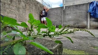 Camera in the bushes films two straight men having sex.