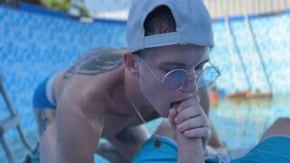 A man fucks a young cleaner in the pool and cums in the ass