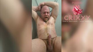 The fat gay pig Cri33Y pisses uncontrollably with an extremely stiff and bushy cock