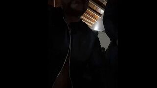 Wearing hot leather, jerking of with 2 codoms on, and cuming a masive load