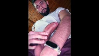 Intense masturbation with spit before bed I Stroke my big uncut latino cock until I shoot a BIG load