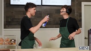 Slutty Barista Joey Mills Rides Brogan's Hard Dick Till He Cums And Takes A Hot Cream In His Mouth - MEN