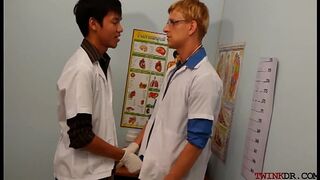 Uniformed twinks breeding asian patient in threesome for cum