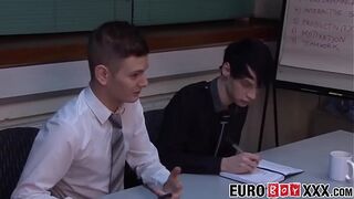 Skinny Euro twinks bareback during an office meeting