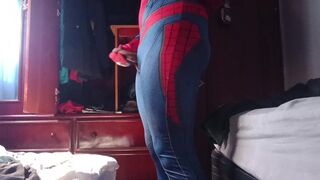 Fat spiderman jerks off