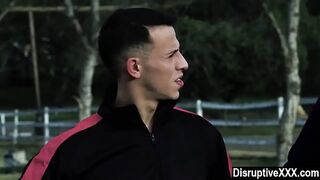 Coach stretches straight sportsman's ass with a dildo