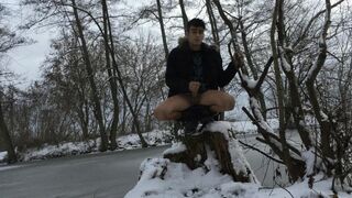 Romantic frozen lake jerking off