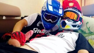 Two guys in helmets jerk off and cum
