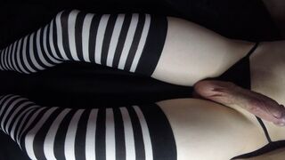 Sissy Boy strokes cock in panties and stockings!!! Thick load!!!