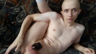 Skinny guy clumsily rides a dildo and cums.