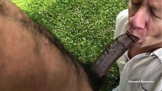 Stewart Sucks off a Beautiful and HUGE Big Black Cock outdoors in his private back yard