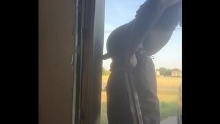 Ebony bubble black butt with cucumber outside watching trash