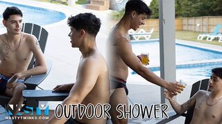 NastyTwinks - Outdoor Shower - Jay Angelo Takes Shower When Jordan Haze Joins, Bareback Shower Fuck