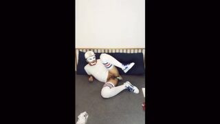 student wear white stocks play with dilfo