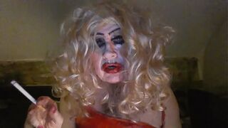 Desperate Sissy Fag Slut, Sarah, smokes, rams big, black dildo up herself, wanks