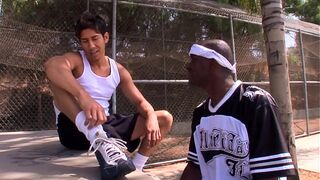 Young white twink dude gets his asshole stretched by big black dick