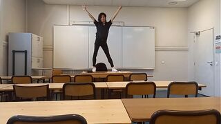Twink student Jon Arteen goes to school to do a sexy dance before a striptease on the teacher's desk in a classroom, he starts by showing off his red boxer underwear