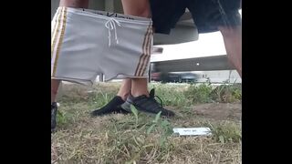 Two well-endowed men on the catwalk, peeing and having great sex.