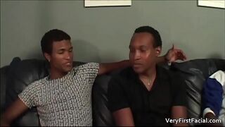 Good looking ebony homo David takes two gays