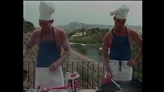 Couple of The Naked Chef Paul Morgan's assistants Matt Young and Marc Hamilton try to prepare barbeque sausages in their own way